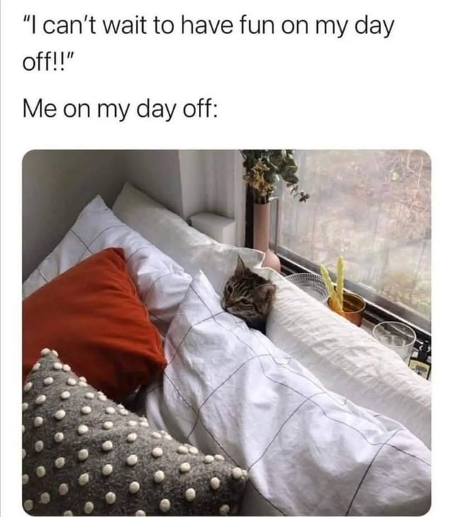 I can't wait to have fun on my day off!! Me on my day off: