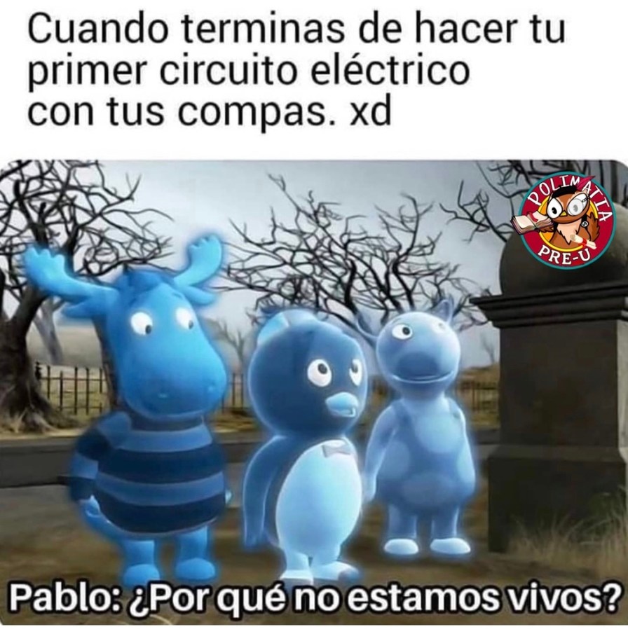 Cuando terminas de hacer tu primer circuito eléctrico con tus compas. xd Pablo: ¿Por qué no estamos vivos?