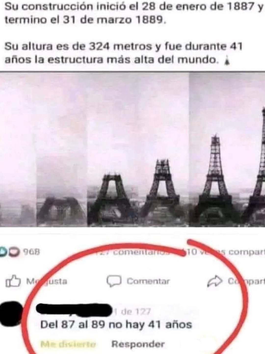 Su construcción inició el 28 de enero de 1887 y terminó el 31 de marzo 1889. Su altura es de 324 metros y fue durante 41 años la estructura más alta del mundo. Del 87 al 89 no hay 41 años.