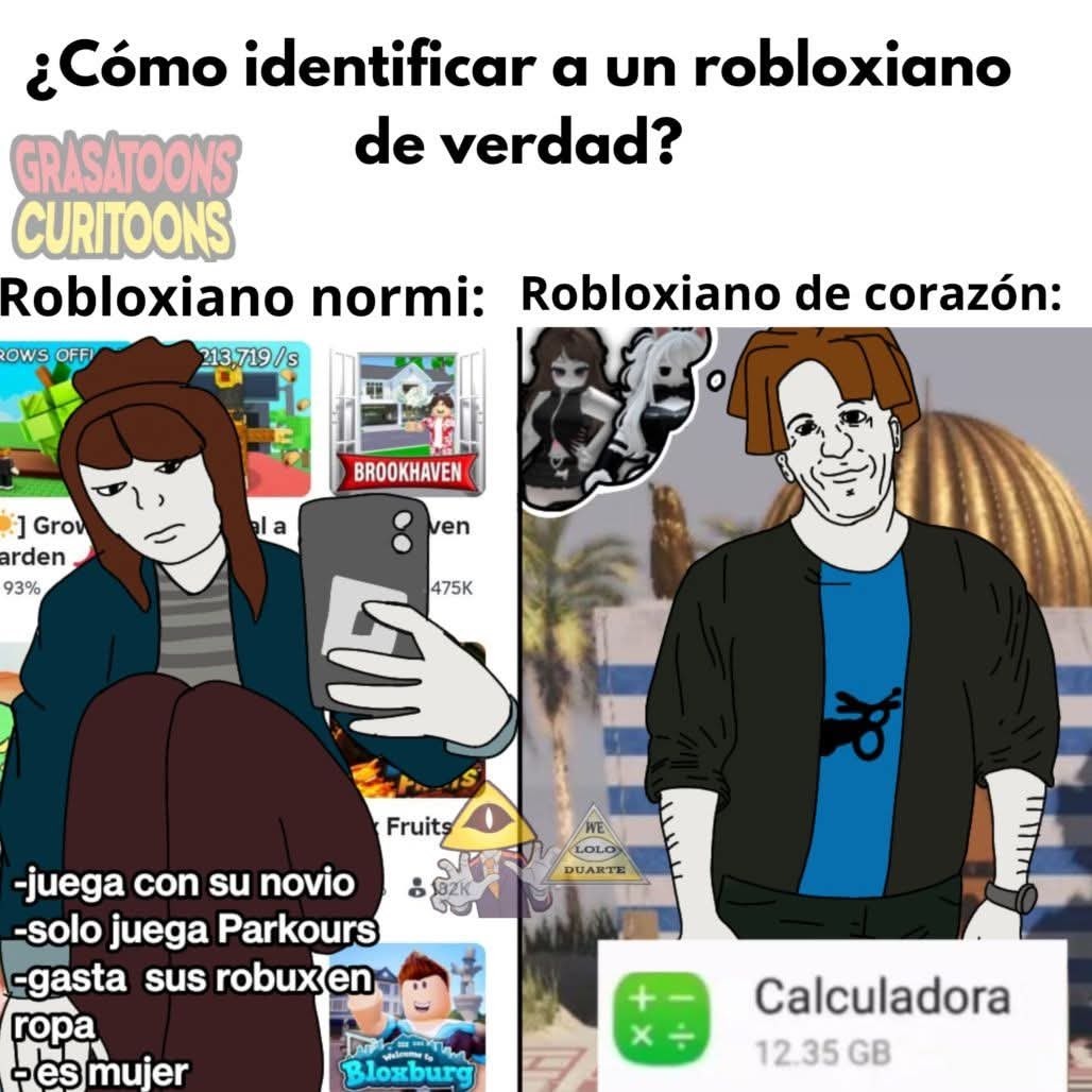 ¿Cómo identificar a un robloxiano de verdad? GRASATOONS CURITOONS. Robloxiano normi: juega con su novio, solo juega Parkours, gasta sus robux en ropa, es mujer. Robloxiano de corazón: Calculadora 12.35 GB. También se ven los juegos Brookhaven y Bloxburg.