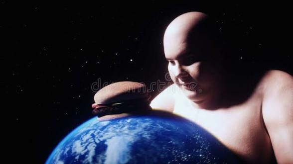 Una persona calva y obesa gigante mira una hamburguesa colocada sobre el planeta Tierra en el espacio.