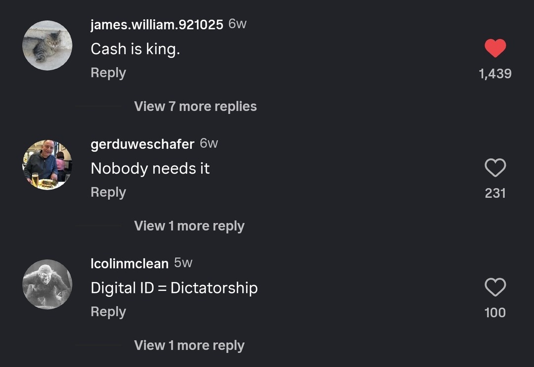 Cash is king. Nobody needs it. Digital ID = Dictatorship.