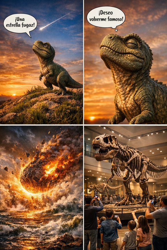 Un pequeño dinosaurio ve una estrella fugaz y exclama: 