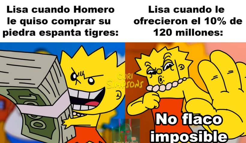 Lisa cuando Homero le quiso comprar su piedra espanta tigres: Lisa cuando le ofrecieron el 10% de 120 millones: No flaco imposible
