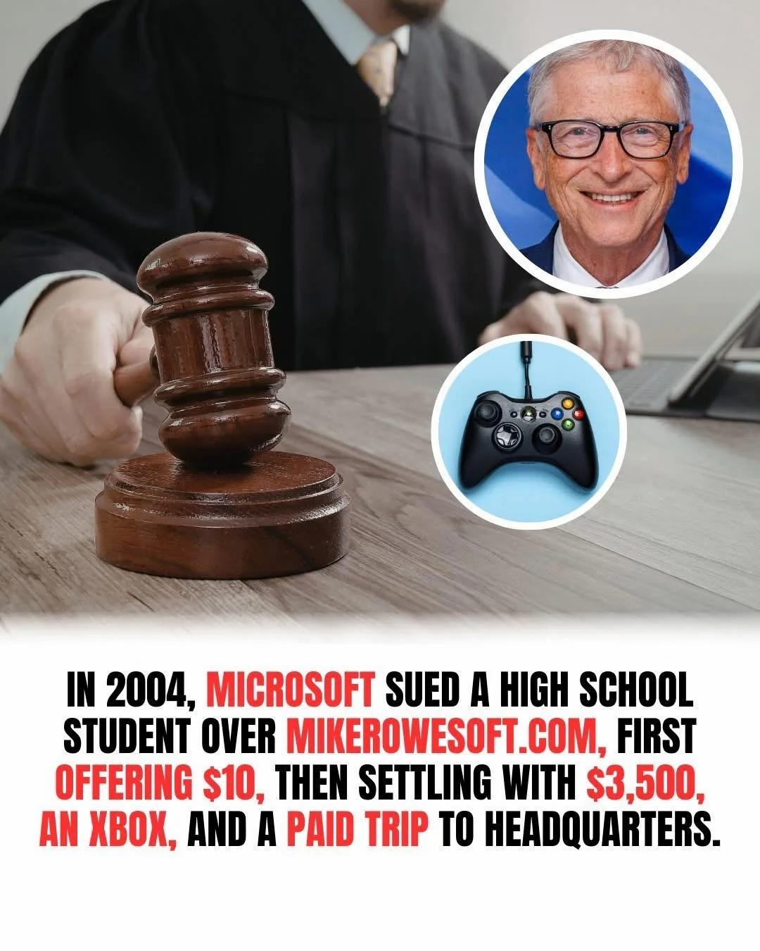 IN 2004, MICROSOFT SUED A HIGH SCHOOL STUDENT OVER MIKEROWESOFT.COM, FIRST OFFERING $10, THEN SETTLING WITH $3,500, AN XBOX, AND A PAID TRIP TO HEADQUARTERS. The image depicts a judge's gavel, a portrait of Bill Gates, and an Xbox controller, visually representing the legal and corporate aspects of the story.