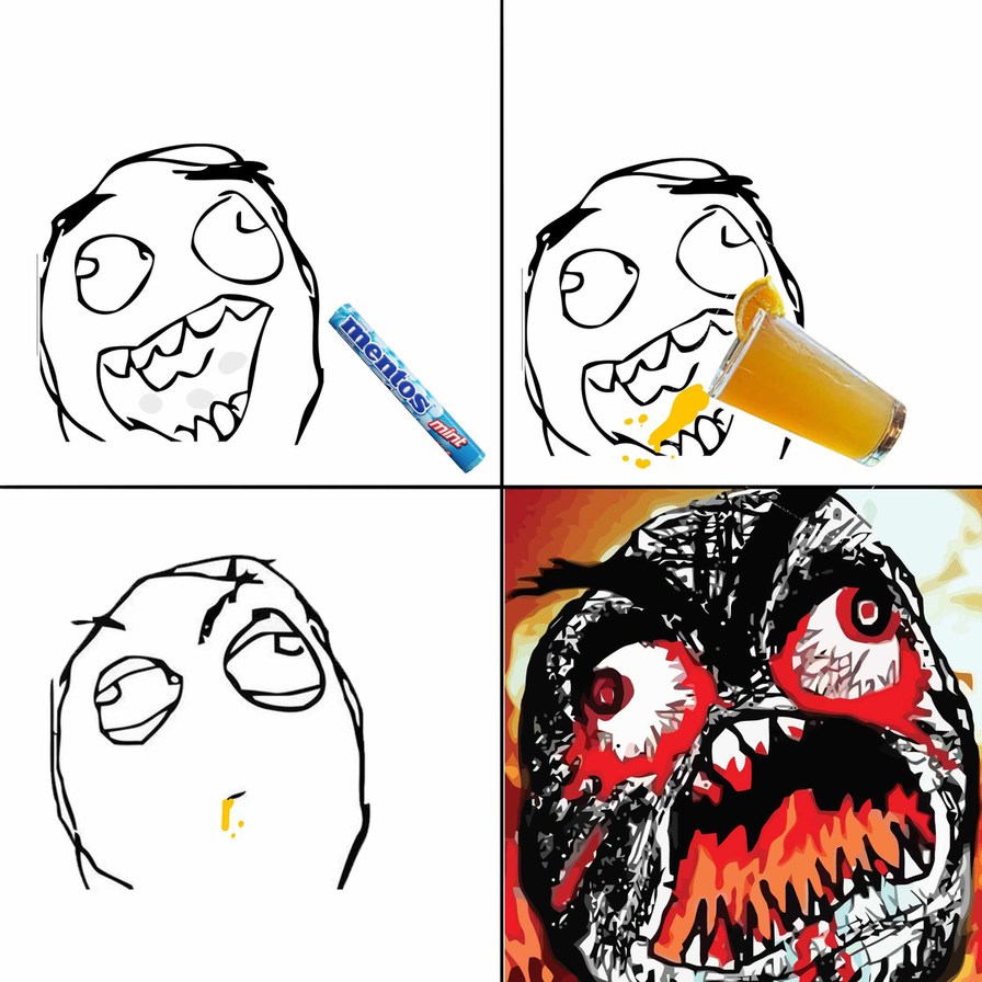 A person looks at Mentos mints, then drinks orange juice, leading to an extreme, unpleasant reaction.