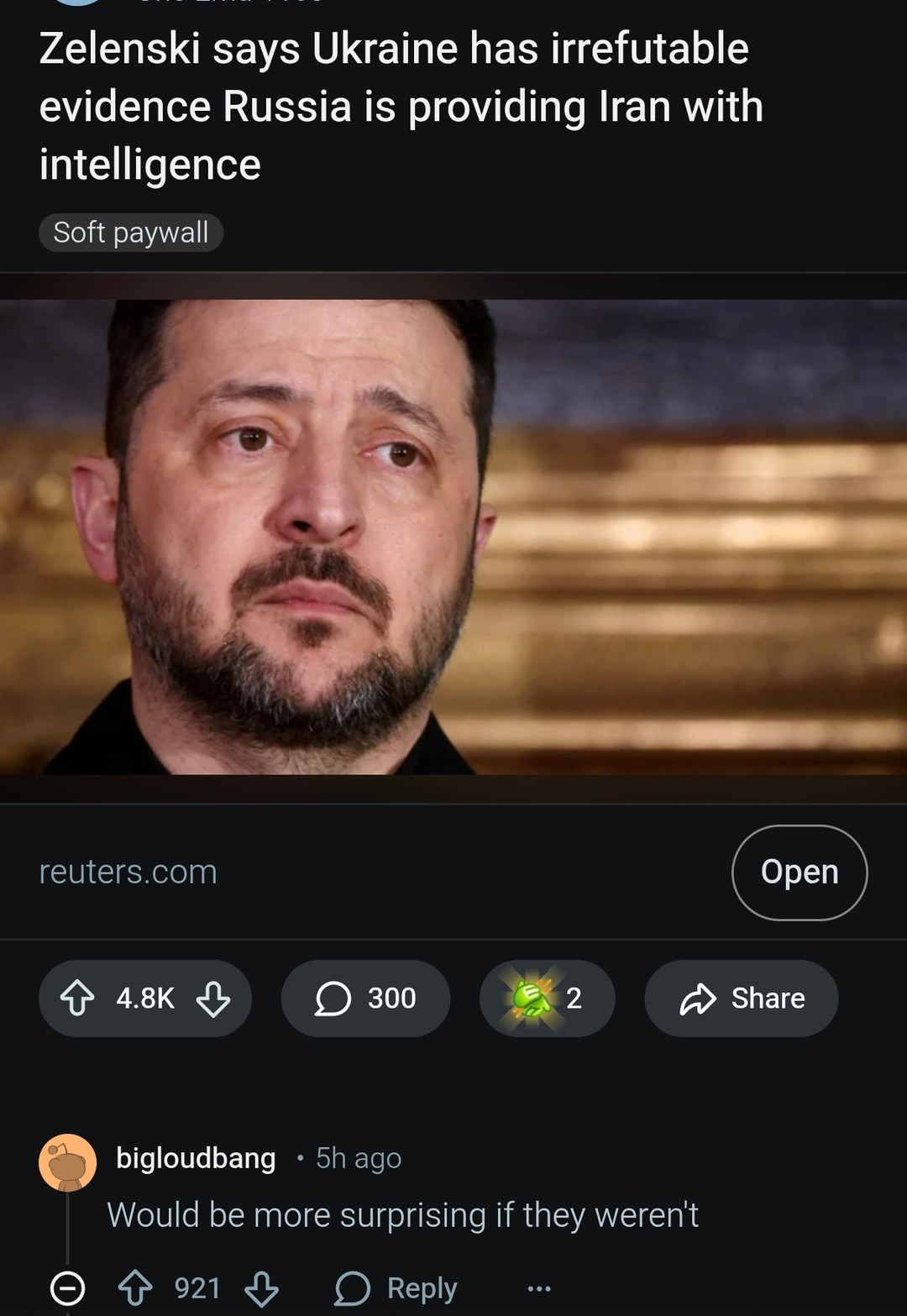 Zelenski says Ukraine has irrefutable evidence Russia is providing Iran with intelligence. Soft paywall. reuters.com. Comment: Would be more surprising if they weren't.