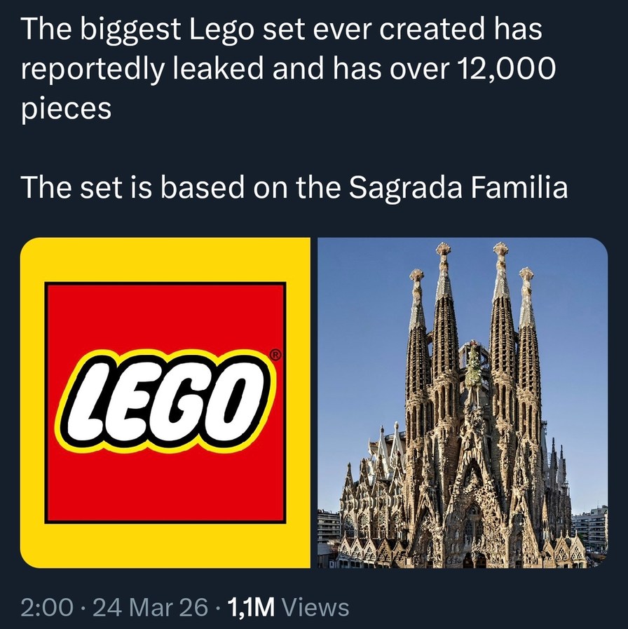 The biggest Lego set ever created has reportedly leaked and has over 12,000 pieces. The set is based on the Sagrada Familia. LEGO.