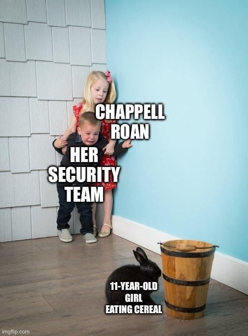Chappell Roan, her security team, 11-year-old girl eating cereal. This meme uses the 'scared little boy hiding behind a girl' format to humorously depict Chappell Roan's exaggerated fear of an 11-year-old girl eating cereal, with her security team being the 'little boy'.