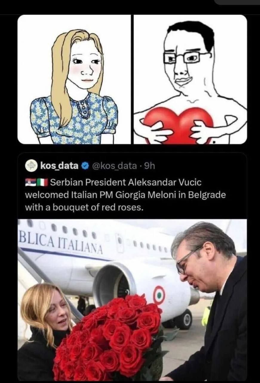 A meme featuring a 'trad-wife' wojak looking pleased and a 'soyjak' holding a heart. Below, a tweet from @kos_data states: 'Serbian President Aleksandar Vucic welcomed Italian PM Giorgia Meloni in Belgrade with a bouquet of red roses.' The image shows President Vucic presenting a large bouquet of red roses to Prime Minister Meloni in front of an ai