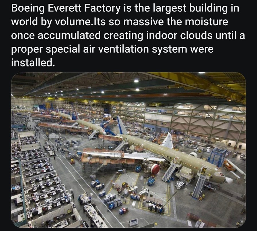 Boeing Everett Factory is the largest building in world by volume.Its so massive the moisture once accumulated creating indoor clouds until a proper special air ventilation system were installed.