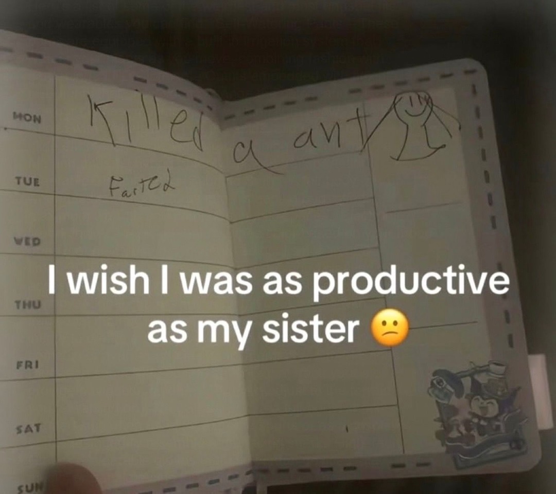 MON Killed a ant TUE Failed I wish I was as productive as my sister 🙁