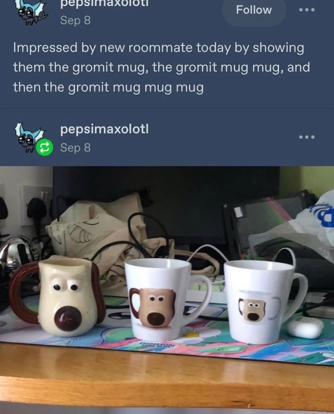 Impressed by new roommate today by showing them the gromit mug, the gromit mug mug, and then the gromit mug mug mug