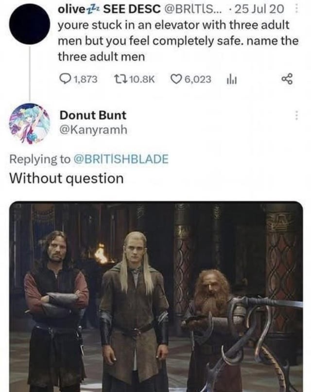 You're stuck in an elevator with three adult men but you feel completely safe. Name the three adult men. Without question. The image shows Aragorn, Legolas, and Gimli from The Lord of the Rings.