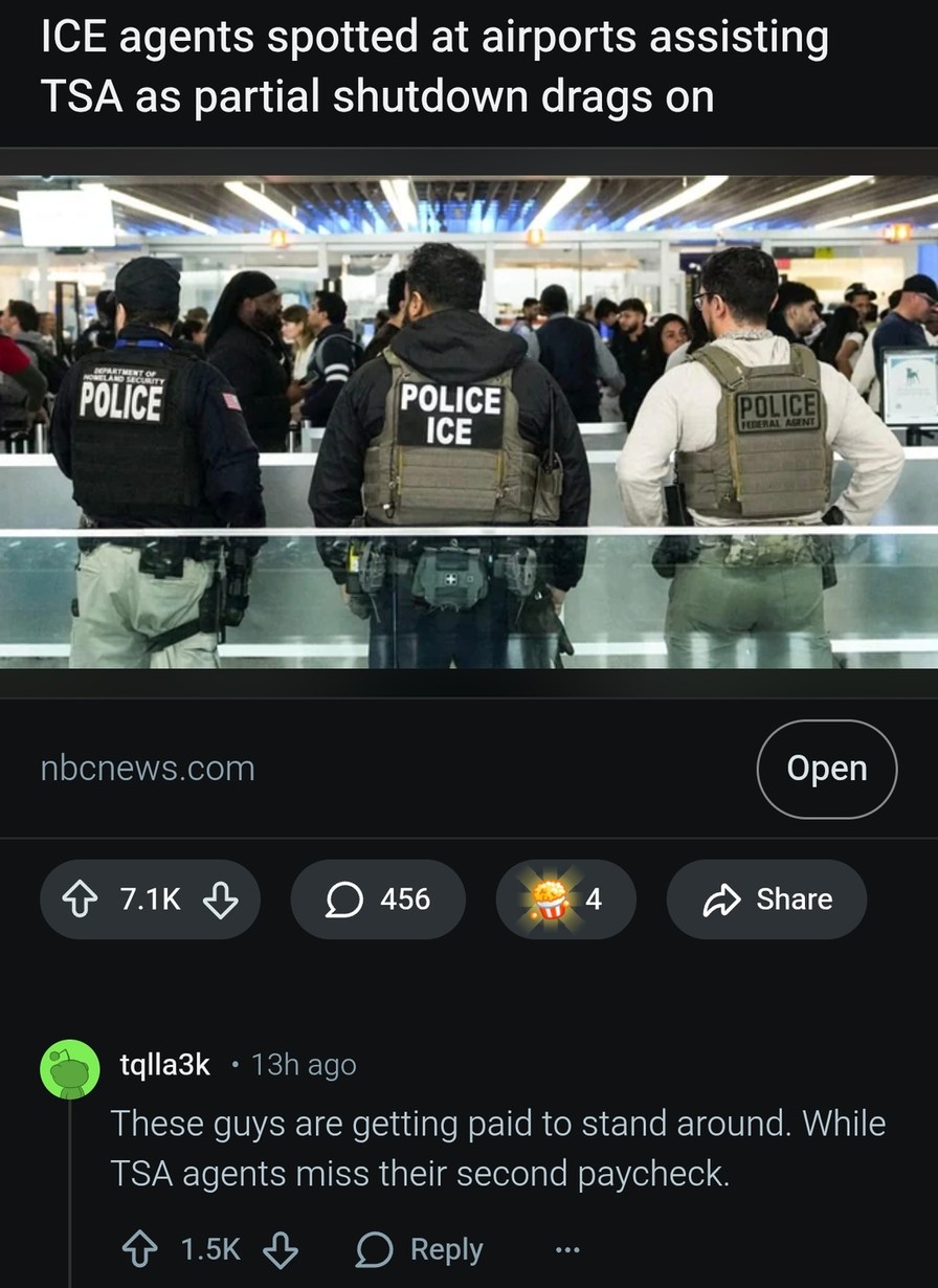 ICE agents spotted at airports assisting TSA as partial shutdown drags on. These guys are getting paid to stand around. While TSA agents miss their second paycheck. Vests say: DEPARTMENT OF HOMELAND SECURITY POLICE, POLICE ICE, POLICE FEDERAL AGENT.