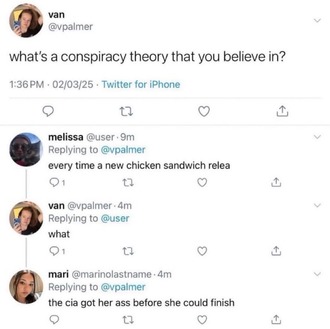 van @vpalmer what's a conspiracy theory that you believe in? 1:36 PM · 02/03/25 · Twitter for iPhone melissa @user · 9m Replying to @vpalmer every time a new chicken sandwich relea van @vpalmer · 4m Replying to @user what mari @marinolastname · 4m Replying to @vpalmer the cia got her ass before she could finish