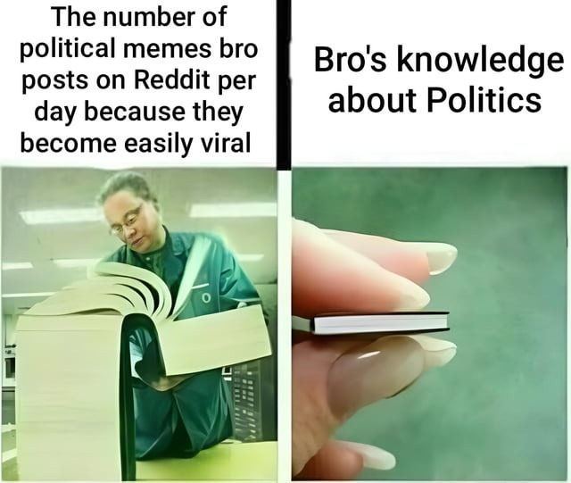 The number of political memes bro posts on Reddit per day because they become easily viral Bro's knowledge about Politics