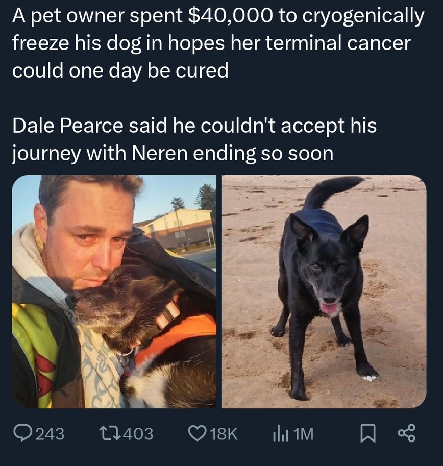 A pet owner spent $40,000 to cryogenically freeze his dog in hopes her terminal cancer could one day be cured. Dale Pearce said he couldn't accept his journey with Neren ending so soon.