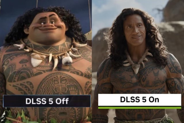 DLSS 5 Off, DLSS 5 On. The image shows a humorous comparison between the animated character Maui from Moana and Dwayne 'The Rock' Johnson, implying that DLSS 5 technology transforms the animated version into a realistic one.