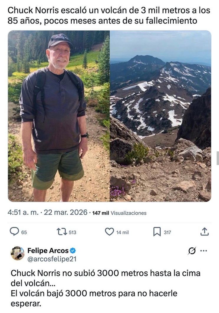 Chuck Norris escaló un volcán de 3 mil metros a los 85 años, pocos meses antes de su fallecimiento. Chuck Norris no subió 3000 metros hasta la cima del volcán... El volcán bajó 3000 metros para no hacerle esperar.