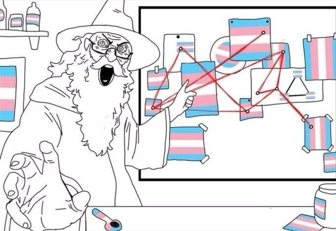 Un dibujo de un mago o figura similar a Gandalf, con gafas y barba, señalando frenéticamente un tablero lleno de banderas transgénero conectadas por líneas rojas, al estilo de un meme de teoría de la conspiración. En el fondo, hay botellas y un frasco con la bandera trans, y una cuchara con los mismos colores en la mesa.