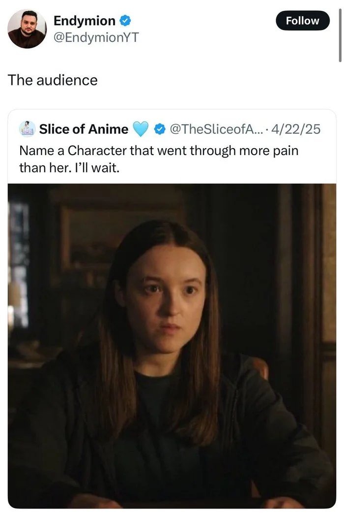 Endymion @EndymionYT The audience Slice of Anime @TheSliceofA... 4/22/25 Name a Character that went through more pain than her. I'll wait.
