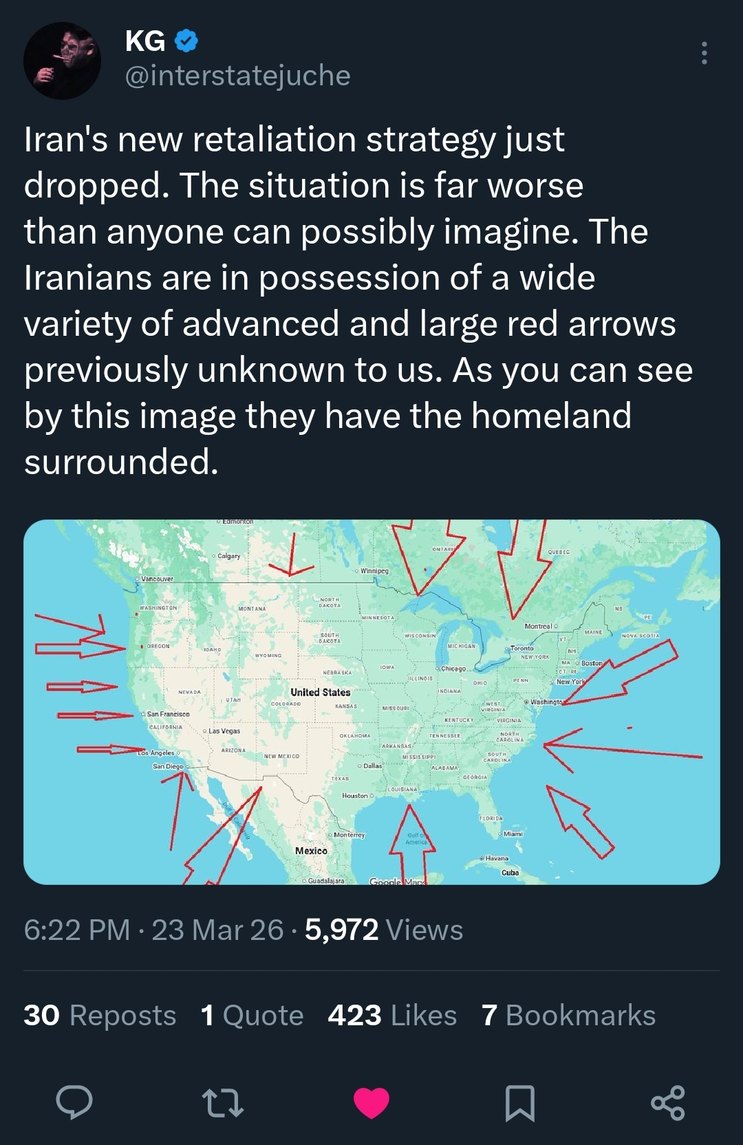 Iran's new retaliation strategy just dropped. The situation is far worse than anyone can possibly imagine. The Iranians are in possession of a wide variety of advanced and large red arrows previously unknown to us. As you can see by this image they have the homeland surrounded. The image displays a map of North America, primarily focusing on the Un