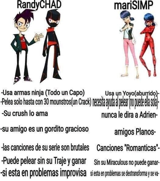 RandyCHAD: Usa armas ninja (Todo un Capo). Pelea solo hasta con 30 monstruos (un Crack). Su crush lo ama. Su amigo es un gordito gracioso. Las canciones de su serie son brutales. Puede pelear sin su traje y ganar. Si está en problemas, improvisa. mariSIMP: Usa un yoyo (aburrido). Necesita ayuda al pelear (no puede ella sola). Nunca le dirá a Adrien
