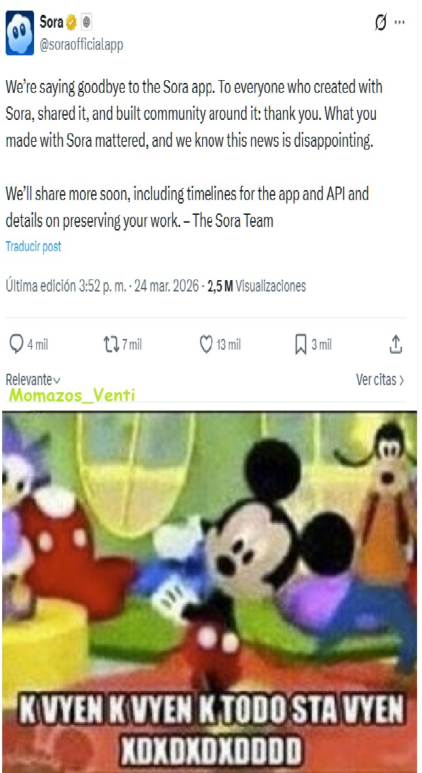 Nos despedimos de la aplicación Sora. A todos los que crearon con Sora, la compartieron y construyeron una comunidad a su alrededor: gracias. Lo que hicieron con Sora importó, y sabemos que esta noticia es decepcionante. Compartiremos más pronto, incluyendo cronogramas para la aplicación y la API y detalles sobre cómo preservar su trabajo. – El equ
