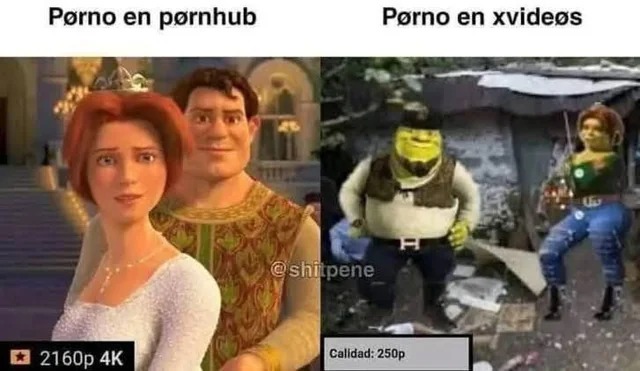 Pørno en pørnhub 2160p 4K. Pørno en xvideøs Calidad: 250p. La imagen es un meme que compara la calidad de video de diferentes sitios web usando personajes de Shrek.