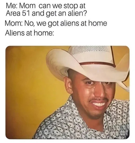 Me: Mom can we stop at Area 51 and get an alien? Mom: No, we got aliens at home Aliens at home: