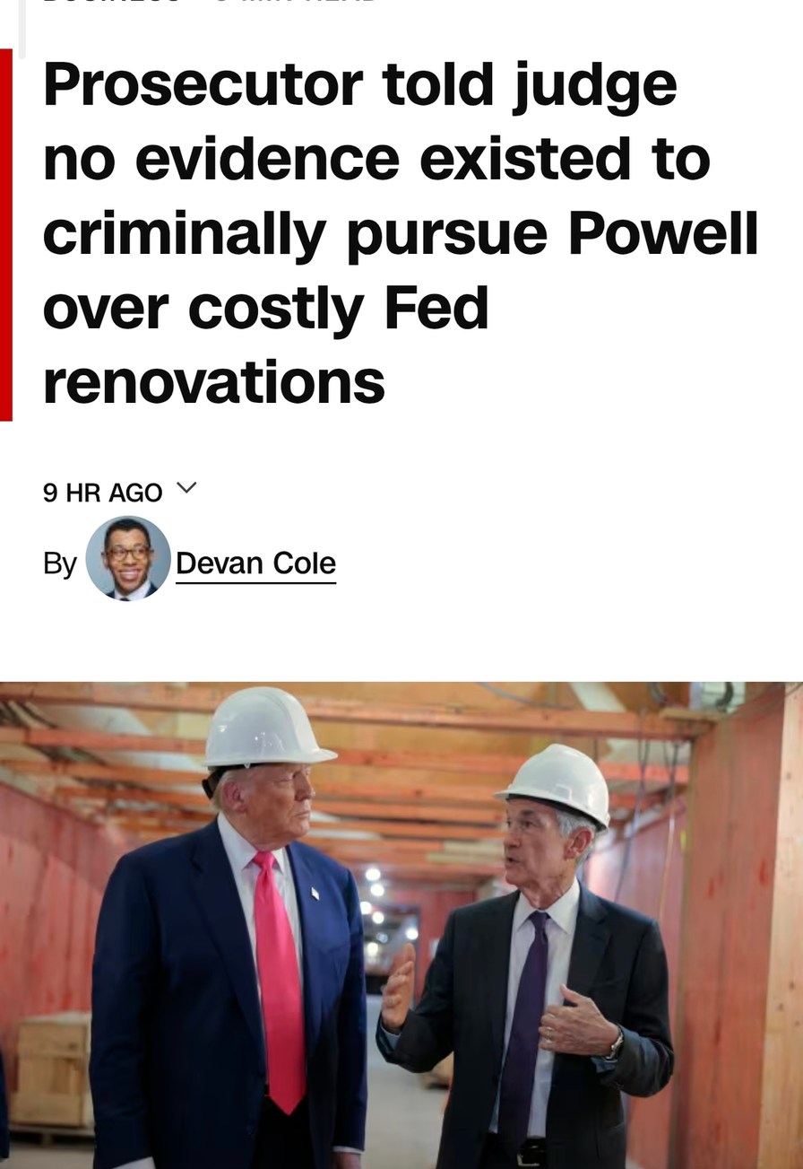 Prosecutor told judge no evidence existed to criminally pursue Powell over costly Fed renovations. 9 HR AGO. By Devan Cole. The image shows two men, one resembling Donald Trump and the other Jerome Powell, wearing white hard hats and suits, standing in what appears to be an unfinished or renovated indoor space with wooden beams.