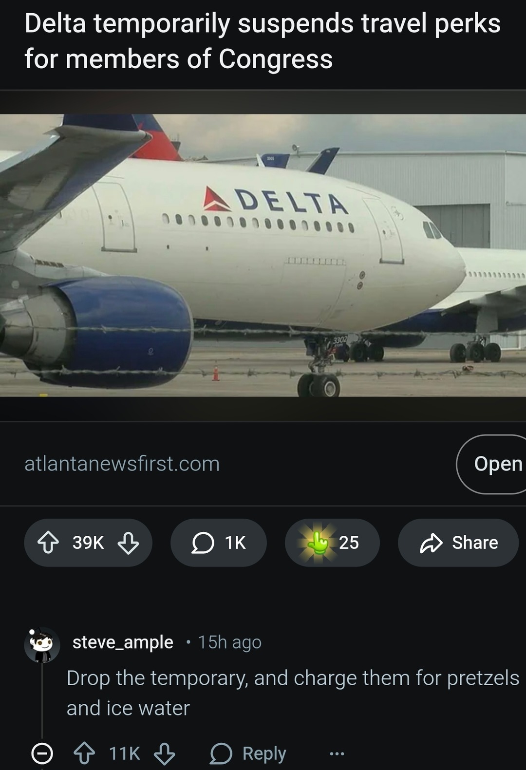 Delta temporarily suspends travel perks for members of Congress. A user commented: Drop the temporary, and charge them for pretzels and ice water.