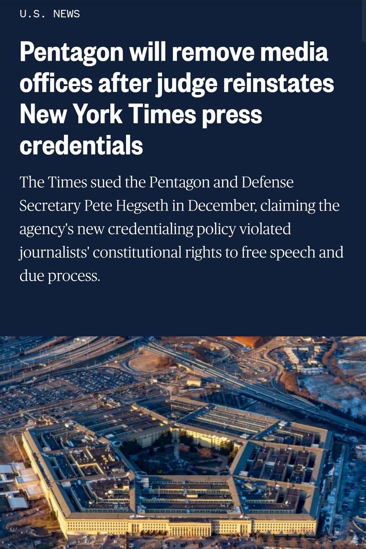 U.S. NEWS
Pentagon will remove media offices after judge reinstates New York Times press credentials
The Times sued the Pentagon and Defense Secretary Pete Hegseth in December, claiming the agency's new credentialing policy violated journalists' constitutional rights to free speech and due process.