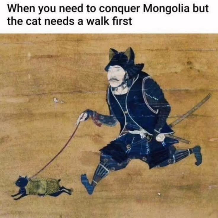 When you need to conquer Mongolia but the cat needs a walk first