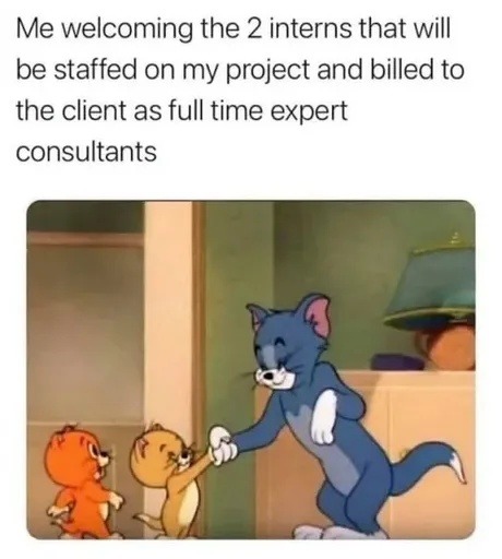 Me welcoming the 2 interns that will be staffed on my project and billed to the client as full time expert consultants