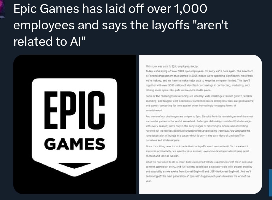 Epic Games has laid off over 1,000 employees and says the layoffs 