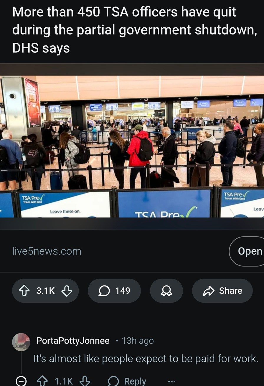 More than 450 TSA officers have quit during the partial government shutdown, DHS says. It's almost like people expect to be paid for work.