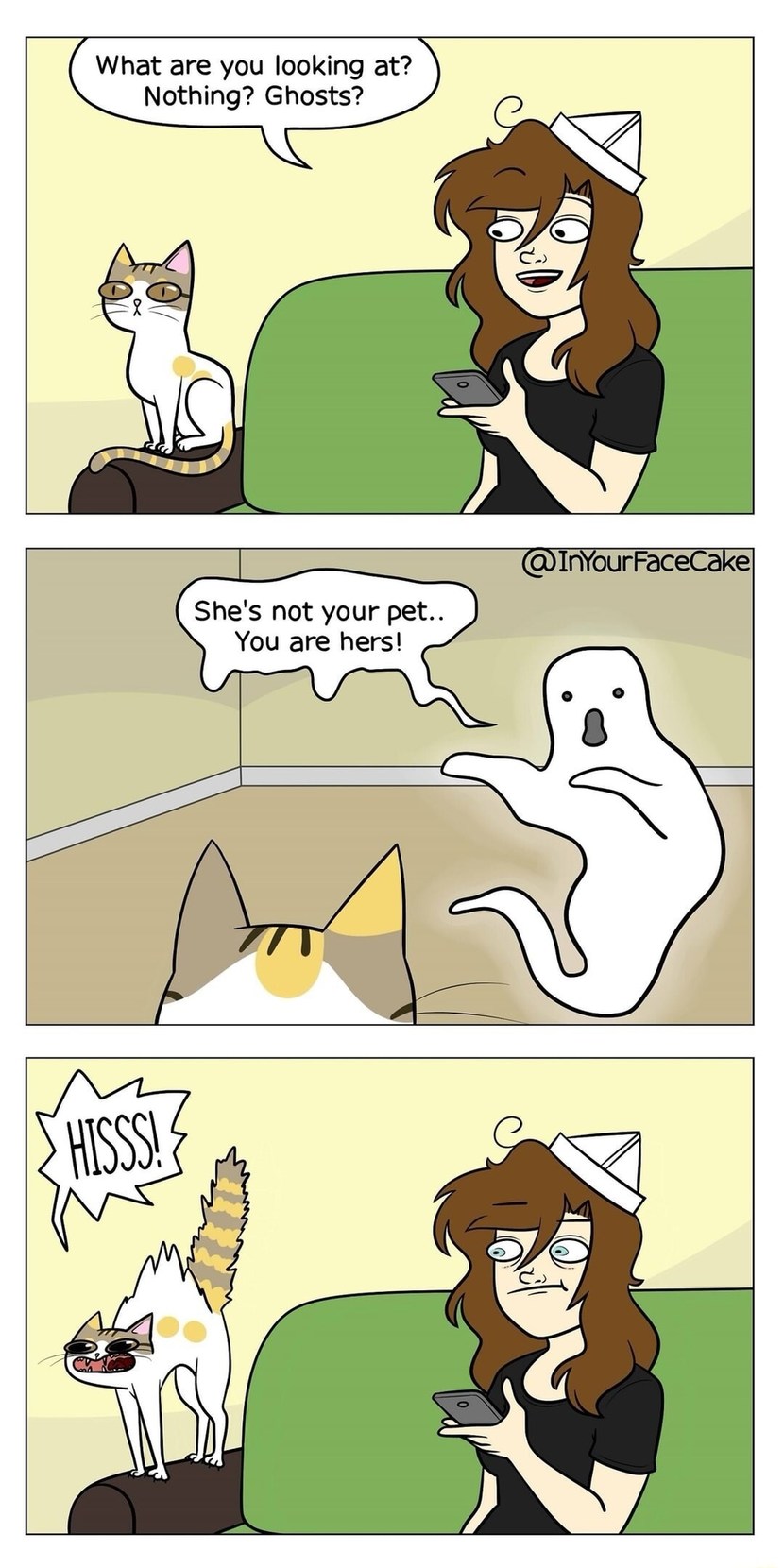 What are you looking at? Nothing? Ghosts? She's not your pet.. You are hers! HISSS!