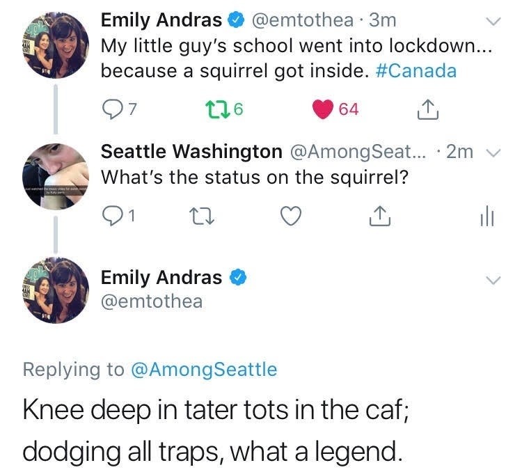 Emily Andras @emtothea · 3m My little guy's school went into lockdown... because a squirrel got inside. #Canada Seattle Washington @AmongSeat... · 2m What's the status on the squirrel? Emily Andras @emtothea Replying to @AmongSeattle Knee deep in tater tots in the caf; dodging all traps, what a legend.