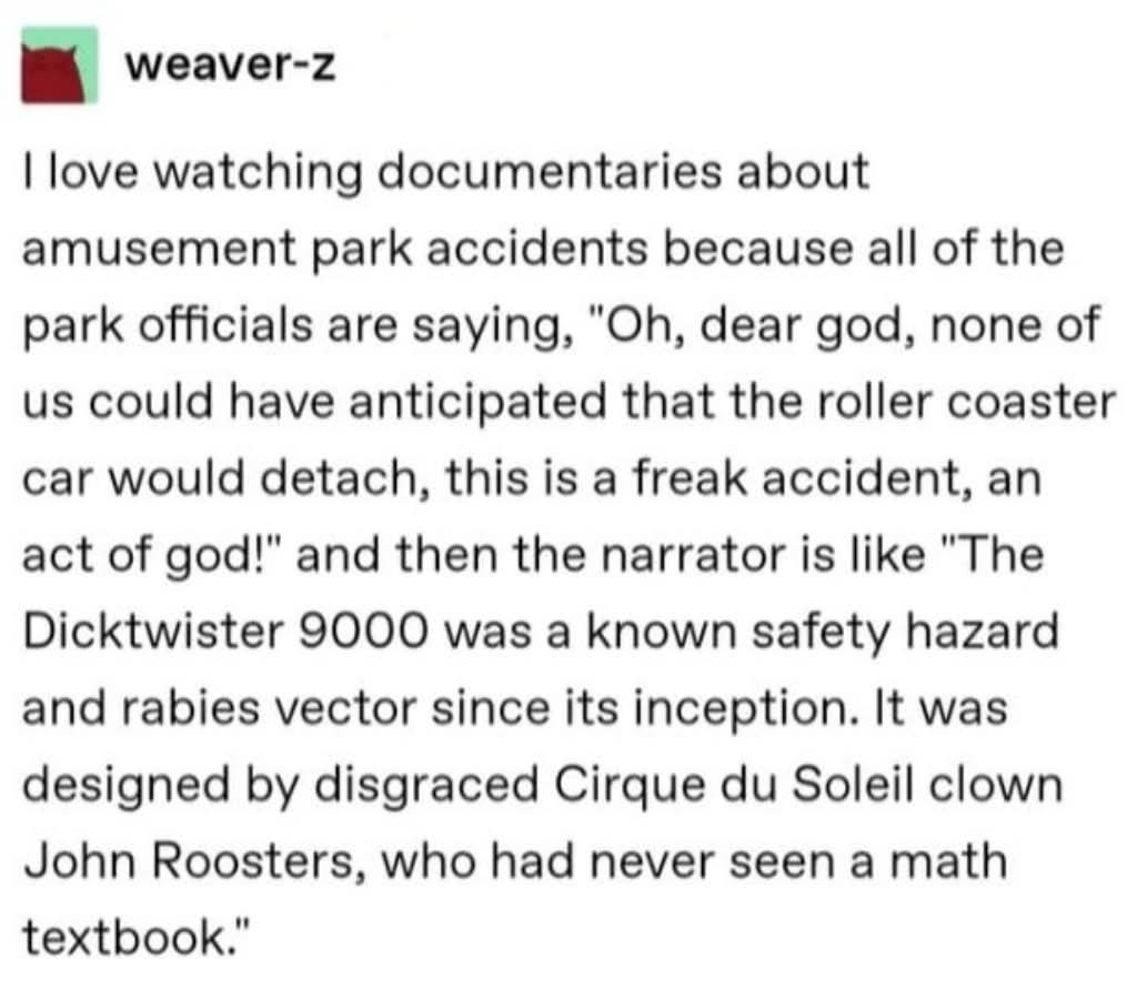 I love watching documentaries about amusement park accidents because all of the park officials are saying, 