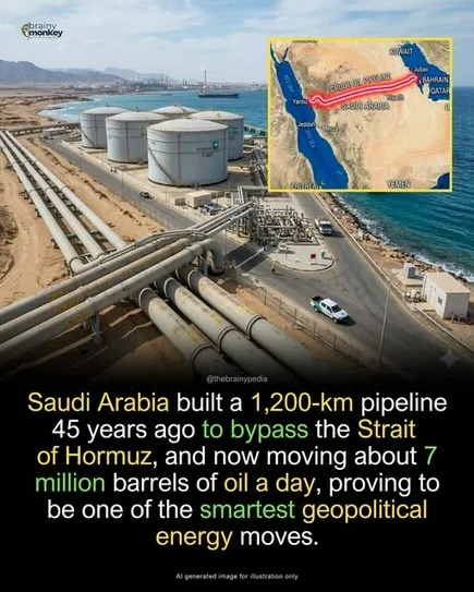 Saudi Arabia built a 1,200-km pipeline 45 years ago to bypass the Strait of Hormuz, and now moving about 7 million barrels of oil a day, proving to be one of the smartest geopolitical energy moves. The image also shows a map of the crude oil pipeline across Saudi Arabia, connecting the Persian Gulf to the Red Sea, and an oil terminal with storage t