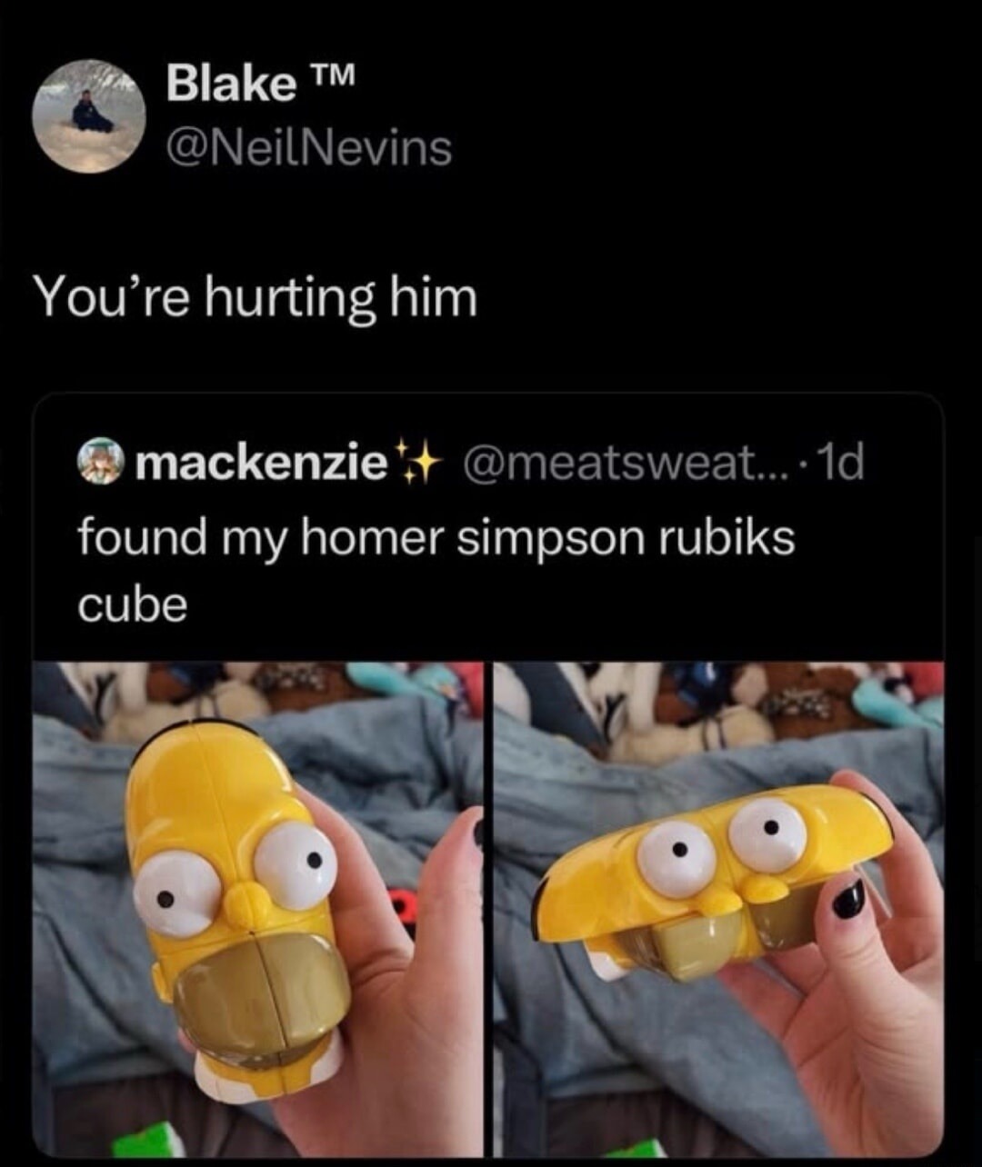 Blake TM @NeilNevins You're hurting him mackenzie @meatsweat... 1d found my homer simpson rubiks cube