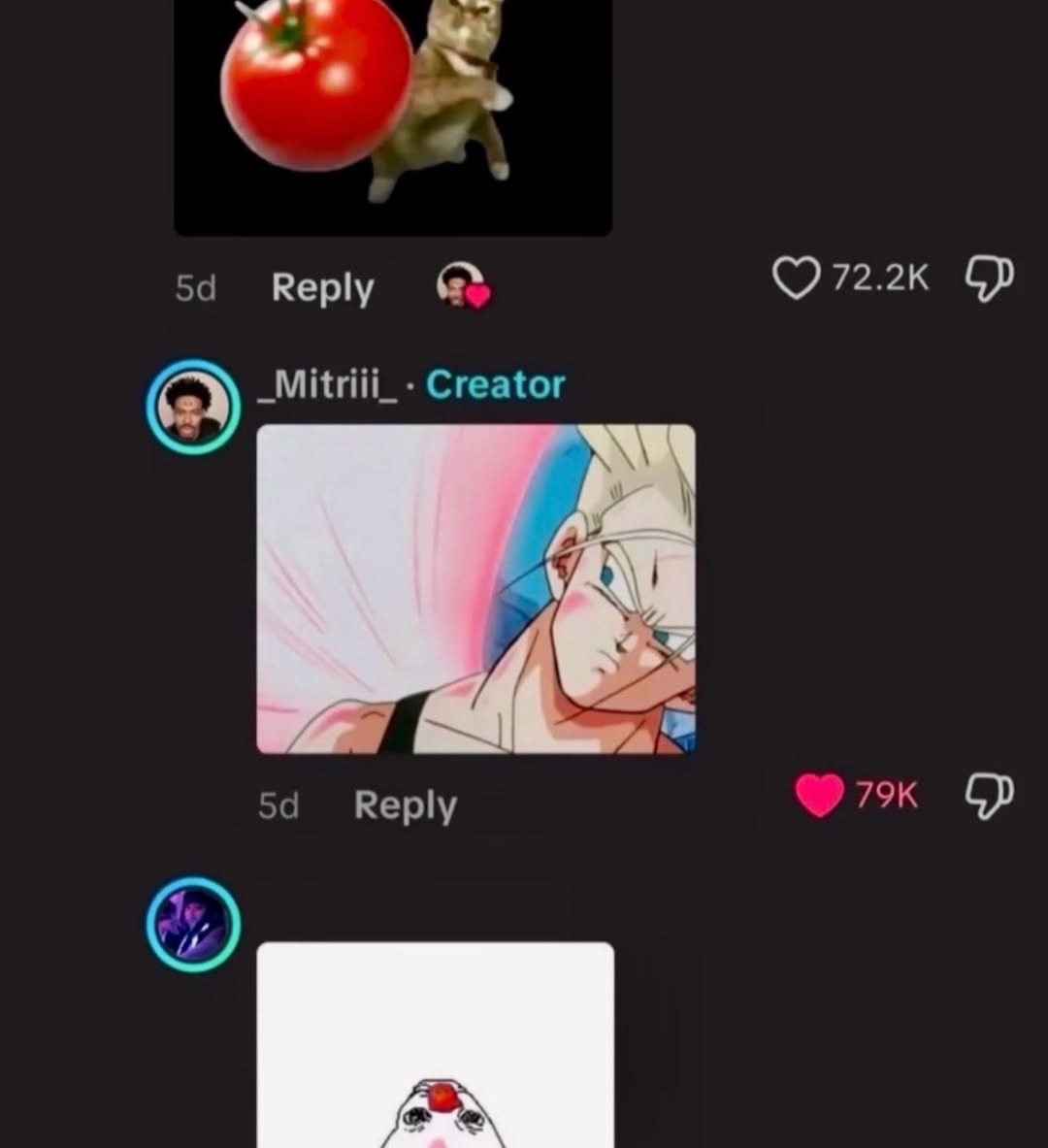 5d Reply _Mitriii_ . Creator 72.2K 79K. The image displays a social media feed with three distinct posts. The first post shows a cat dancing with a large red tomato. The second post, from user _Mitriii_ . Creator, features an anime character, likely Trunks from Dragon Ball Z, with a determined expression. The third post, partially visible, shows a 