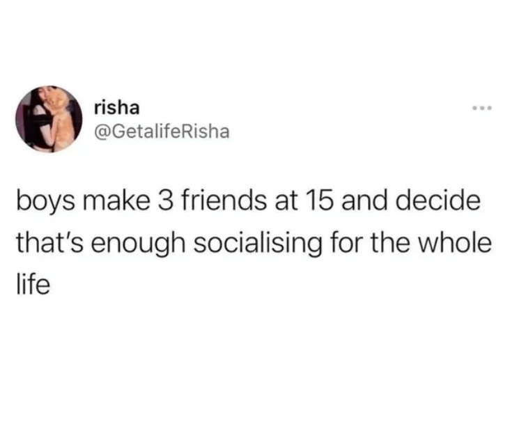 risha @GetalifeRisha boys make 3 friends at 15 and decide that's enough socialising for the whole life
