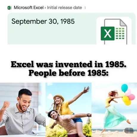 Microsoft Excel Initial release date September 30, 1985. Excel was invented in 1985. People before 1985: