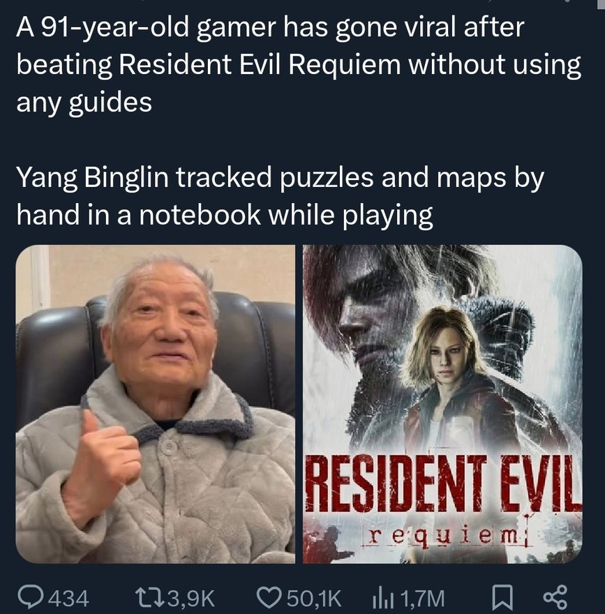 A 91-year-old gamer has gone viral after beating Resident Evil Requiem without using any guides. Yang Binglin tracked puzzles and maps by hand in a notebook while playing.