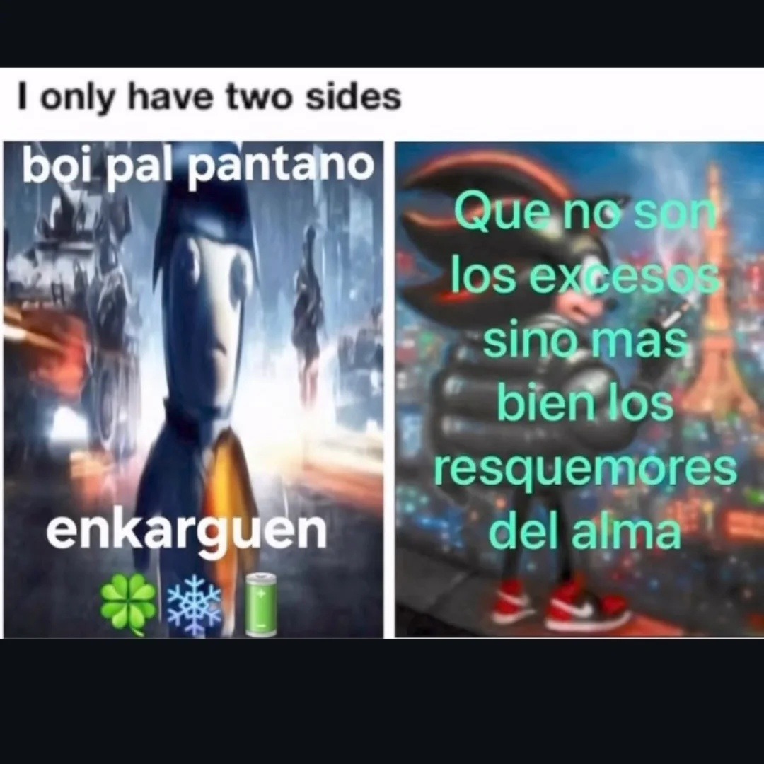 Solo tengo dos lados. Boi pal pantano. Enkarguen. Que no son los excesos sino más bien los resquemores del alma.