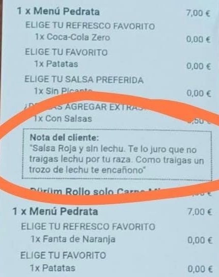 1 x Menú Pedrata 7,00 € ELIGE TU REFRESCO FAVORITO 1x Coca-Cola Zero 0,00 € ELIGE TU FAVORITO 1x Patatas 0,00 € ELIGE TU SALSA PREFERIDA 1x Sin Picante 0,00 € AGREGAR EXTRAS 1x Con Salsas Nota del cliente: 