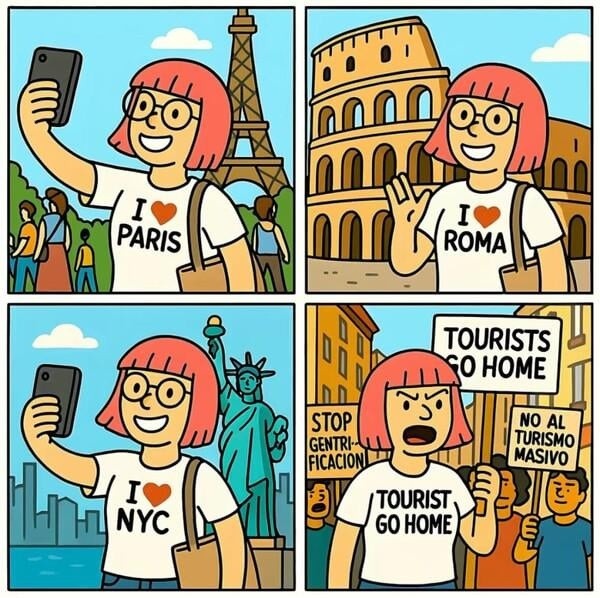 Una mujer se toma selfies en París (con la Torre Eiffel), Roma (con el Coliseo) y Nueva York (con la Estatua de la Libertad), llevando camisetas que dicen 'I ❤️ PARIS', 'I ❤️ ROMA' y 'I ❤️ NYC' respectivamente. En el último panel, la misma mujer protesta con un cartel que dice 'TOURISTS GO HOME' y lleva una camiseta con el mismo mensaje. Otros mani